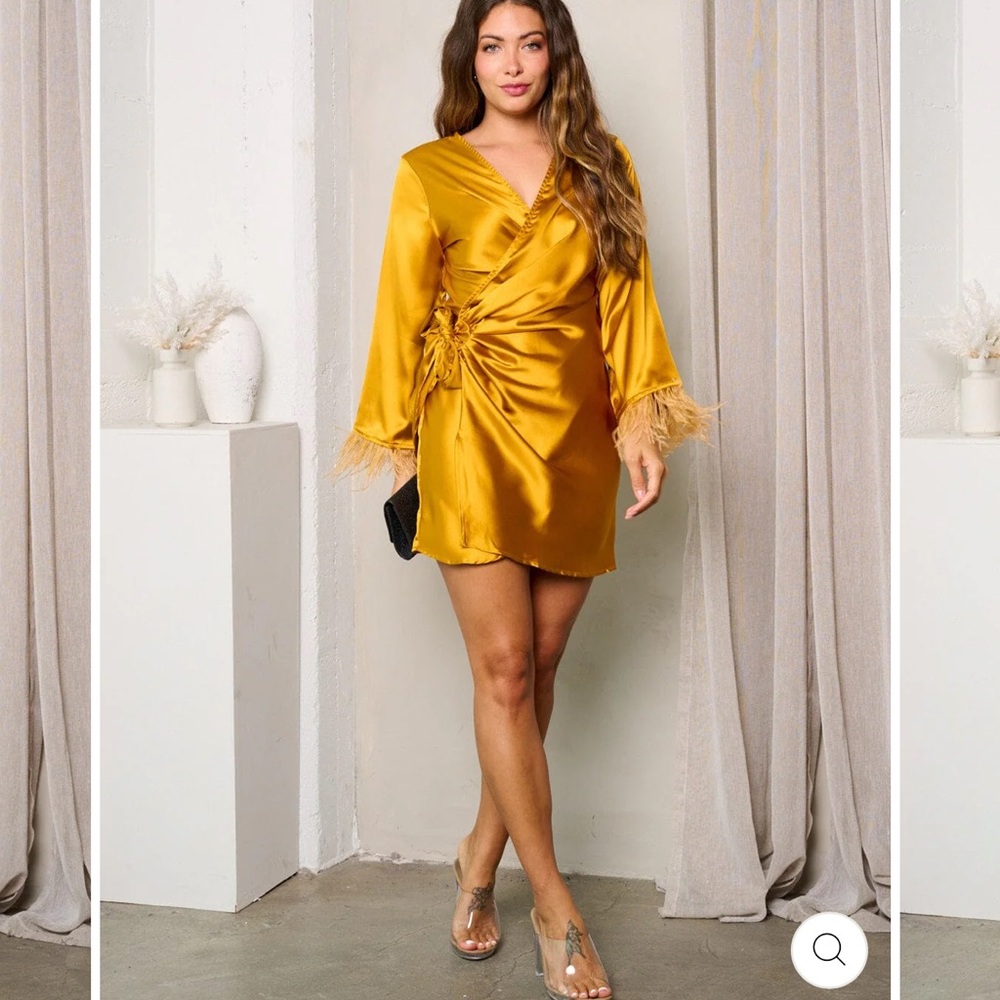 Satin Gold Wrap Dress with Feather Trim